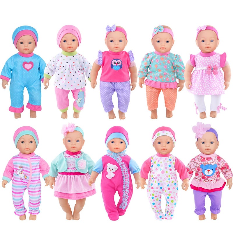 ibayda 10 Sets Baby Doll Playtime Outfits Clothes Hat Headband Fits for 10 Inch Baby Dolls 12 Inch New Born Baby/Alive Baby Dolls 14 inch Dolls (No Doll) - Image 1